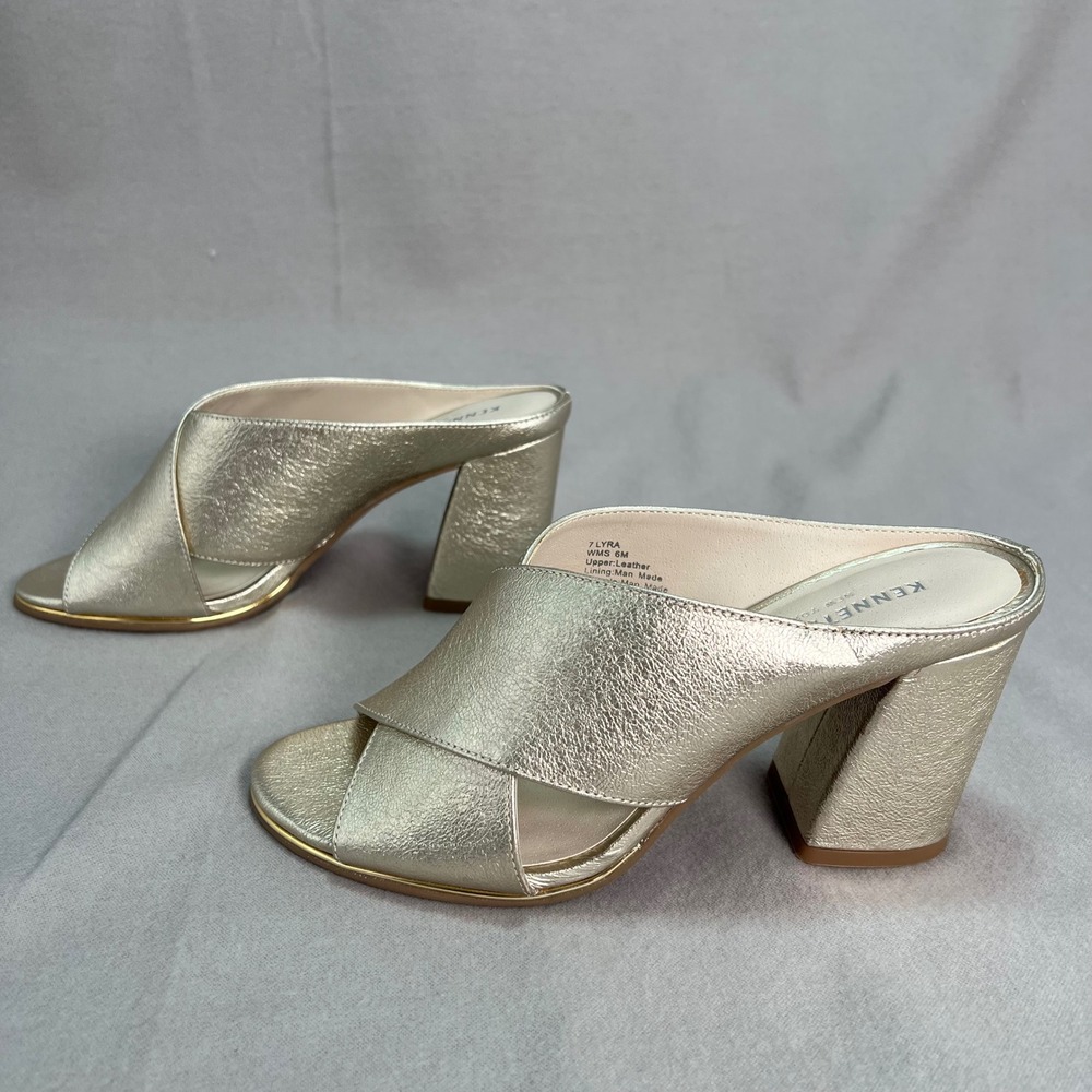 Kenneth Cole Lyra Gold Leather Mules Block Heel Party Chic Metallic Cocktail 7 - Picture 6 of 11